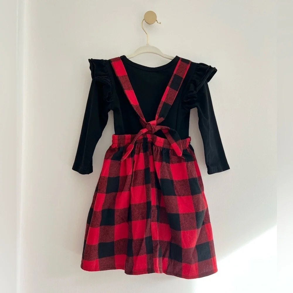 Buffalo Red & Black Plaid Jumper Dress with Black Long Sleeve Top SET - Girls 2T